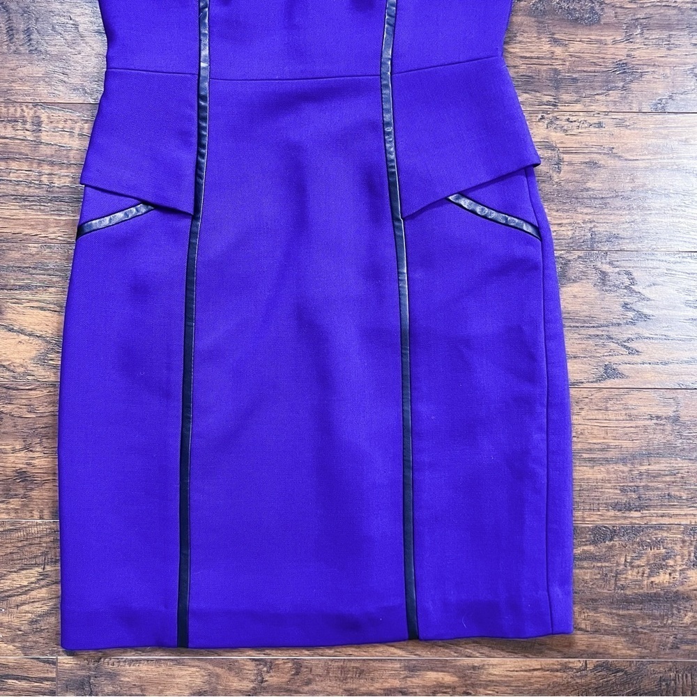MILLY • Pipe-Trim Peplum Dress purple stretch wool black vegan leather - Picture 5 of 11